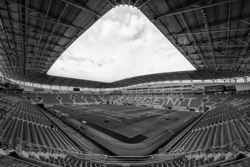 A wide angle shot of a large football stadium
