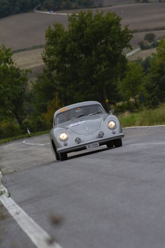 CAGLI , ITALY - OTT 24 - 2020: CAGLI , ITALY - OTT 24 - 2020: AUSTIN HEALEY 100 6 1957 an old racing car in rally Mille Miglia 2020 the famous italian