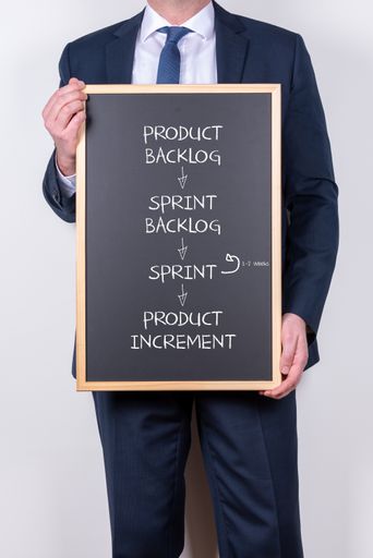 A businessman wearing a suit and holding a blackboard with a business strategy written on it