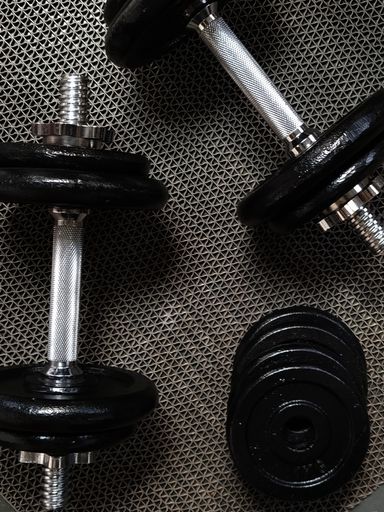 A top view of black dumbbells on a rug
