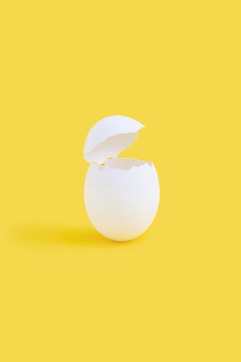 A vertical shot of an eggshell isolated on yellow background
