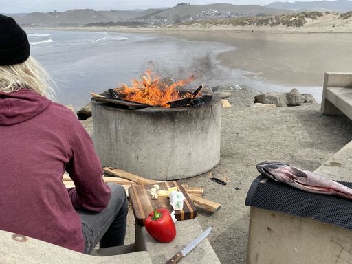 A back view of a woman sitting with raw food ready to add to a beach fire pit at the beach at lunchtime