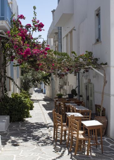 A set of cozy tables and chairs under a vine canopy outside a shop in Hora village at Folegandros island in the Cyclades
