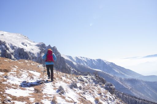 A back view of a hiker looking at the view from a snowy mountain peak