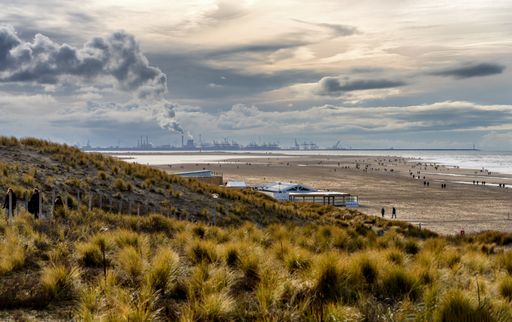 The entrance of the Rotterdam harbor at the horizon as seen from the Kijkduin dunes on an overcast day in January