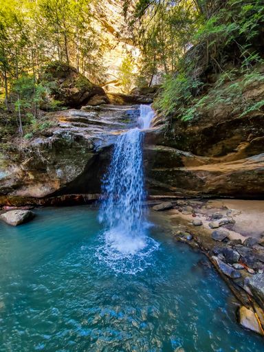 A vertical shot of waterfalls in Hocking Hills State Park, Ohio