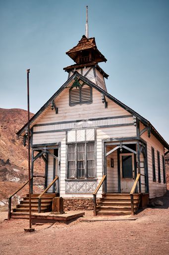 A vertical shot of the Calico Ghost Town school, California USA