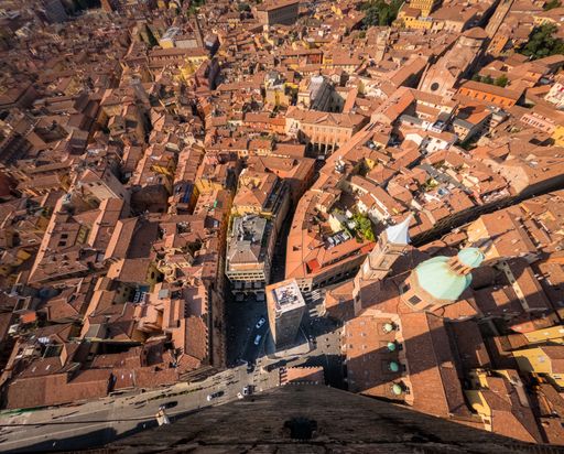 View from the top of Asinelli Tower better known as the Two Towers of Bologna, Italy