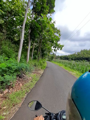 POV in over head shot from a motorbike driving on a narrow left-hand traffic village road on Java in Indonesia.