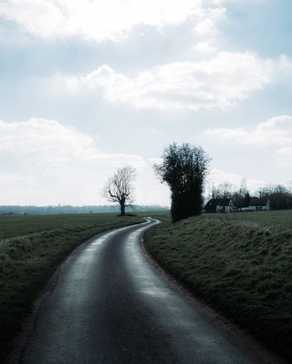 A vertical shot of a pathway under a cloudy sky on a gloomy day