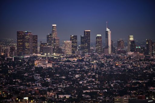 An aerial shot of the Los Angeles city Downtown during a night
