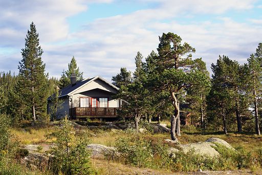A typical Norwegian rural cottage with breathtaking landscape and beautiful greenery in Norway
