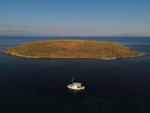 An aerial shot of a white ship swimming on peaceful water and an island in the background