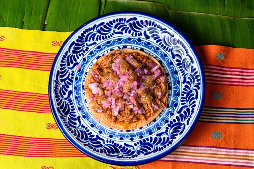 A top view shot of Mexican delicious food with meat and onion on the colored tablecloth background