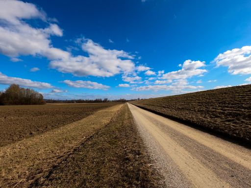 A rural road through a field under the cloudy sky