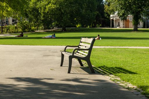 A wooden bench  along a concrete path in a park in Rotterdam, The Netherlands