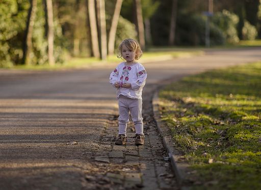 A little Dutch girl standing on the pathway in the park