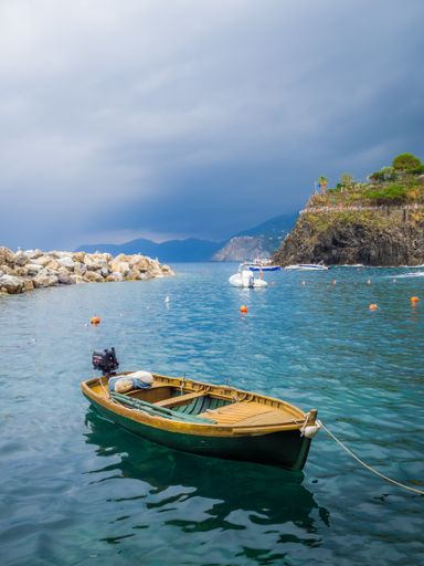 Boats docked at the cove of Manarola, Cinque Terre, Italy