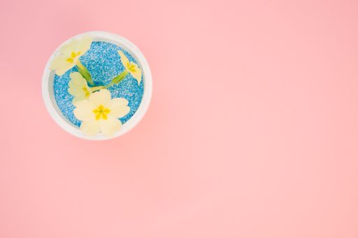 A closeup shot of yellow flowers in a pot of blue sand on a pink background