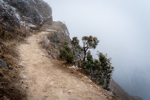 A closeup shot of a foggy trail on snow-covered Himalayan Mountain Range