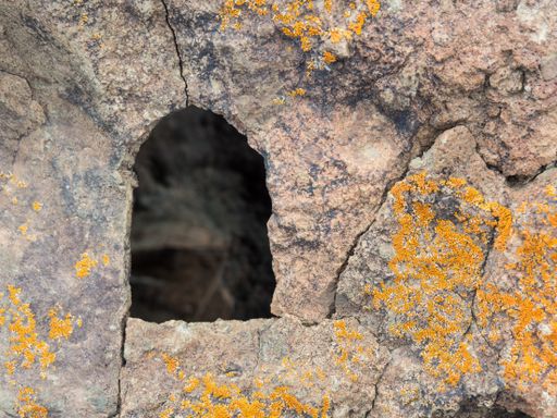 A closeup shot of an old weathered lichen wall with an arch peephole
