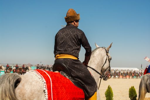 A back view of a man wearing traditional clothes on a hor
