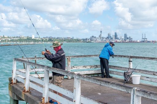View of fishermen in protective masks fishing at Okahu Bay Wharf with Auckland city skyline in background