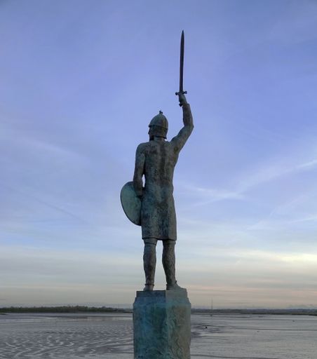 Rear view of a statue of Brithnoth who died at the Battle of Maldon fighting with the Anglo Saxon forces against the Vikings.