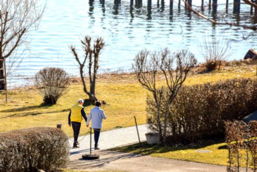 A couple holding hands and walking in a park surrounded by a lake under the sunligh