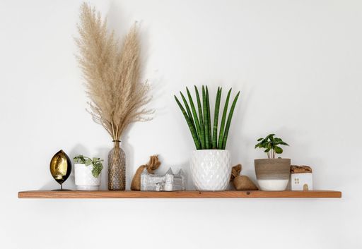 A closeup shot of different plants in white pots with beautiful decorations on a wooden shelf