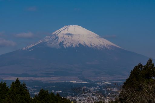 A bird's-eye horizontal view of snow-capped Mount Fuji through clouds and trees, with a city at its feet, on a sunny spring day in Japan