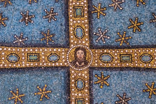 A closeup of religious mosaics on the walls of Sant'Apollinare in Classe at Ravenna, Italy