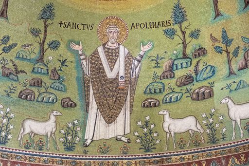 A closeup of religious mosaics on the walls of Sant'Apollinare in Classe at Ravenna, Italy