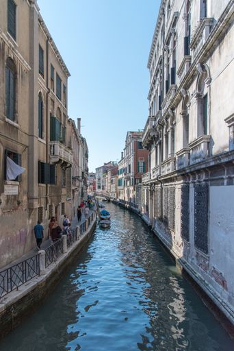 A long shot of a canal in Venice, Italy  with people walking on the sidewalk