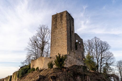 A low angle shot of a  Windeck Castle on the top of a mountain surrounded by trees  in the Black Forest, Germany