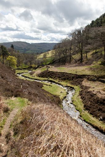 A small river surrounded by hills covered in greenery under a cloudy sky in the UK