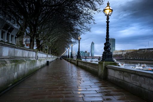 The wet sidewalk at the South Bank, London, the UK on a rainy day