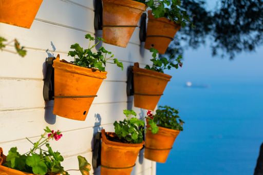 A closeup shot of pots with flowers hanged on a wall of a house with the sea in the background
