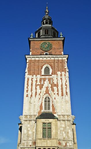 View from below of the top of Town Hall Tower in Main Square (Rynek Glowny), Krakow (Cracow), Poland