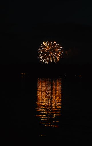 A vertical shot of beautiful large fireworks in the distance with reflection in the water