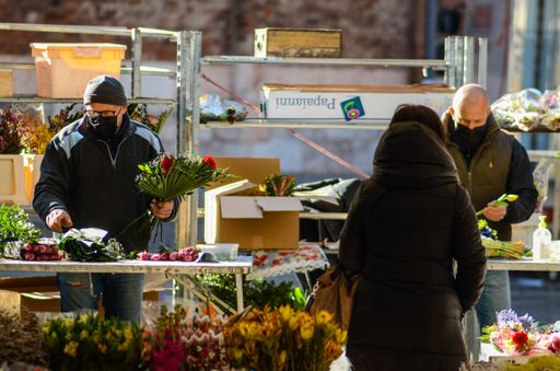 Cremona, Lombardy, Italy - 17th march 2021 flower market allowed in new red zone lockdown as third wave becomes a new problem for Italy