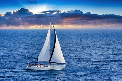 sailing boat with tourists travels in the aegean sea. Skiathos island, Greece Jun 10, 2019
