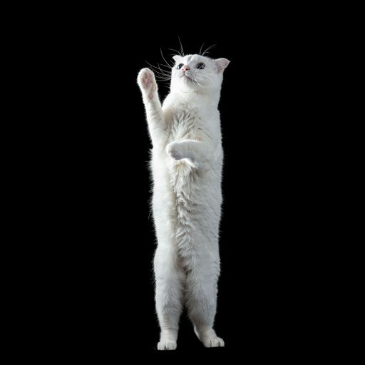 A cute white cat stands upright on its hind legs isolated on a black background.