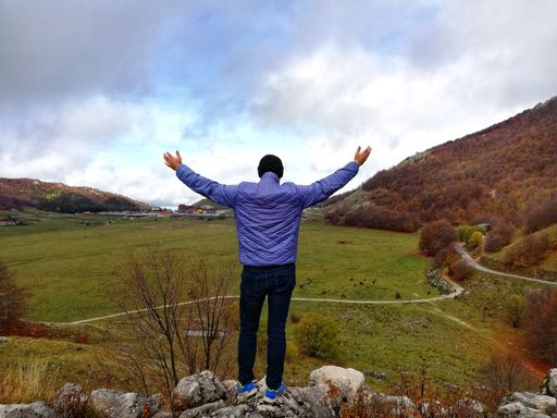A back view of a man with open arms enjoying nature in solitude