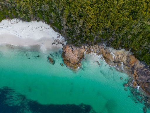 Idyllic panoramic shot of a seascape featuring turquoise waves crashing against the jagged coastline surrounded by lush green foliage