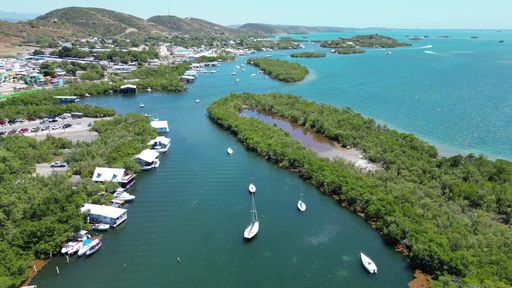 A scenic view of a picturesque small town waterfront featuring white boats and lush greenery