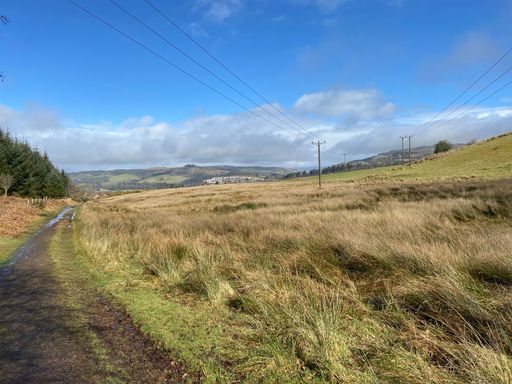 A dirt path running through a lush, green agricultural field with rolling hills in the background