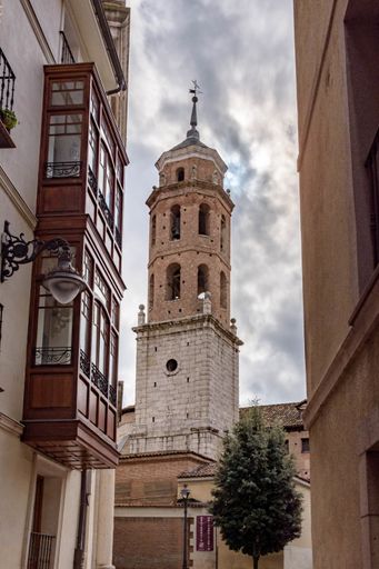 A vertical shot of the tower of the cathedral of Valladolid. Castile and Leon, Spain