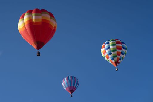 A low angle shot of vibrant hot air balloons soaring in a pristine blue sky