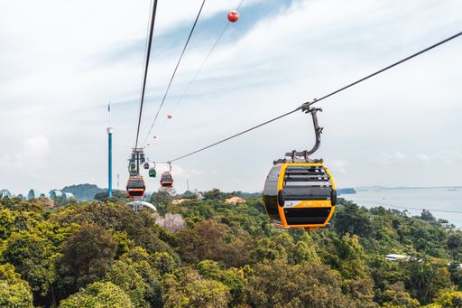 Aerial lifts over Sentosa island forest in Singapore